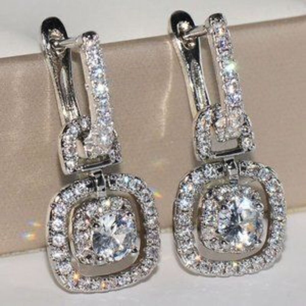 NEW 18K White Gold Halo Diamond Drop Huggie Hoops